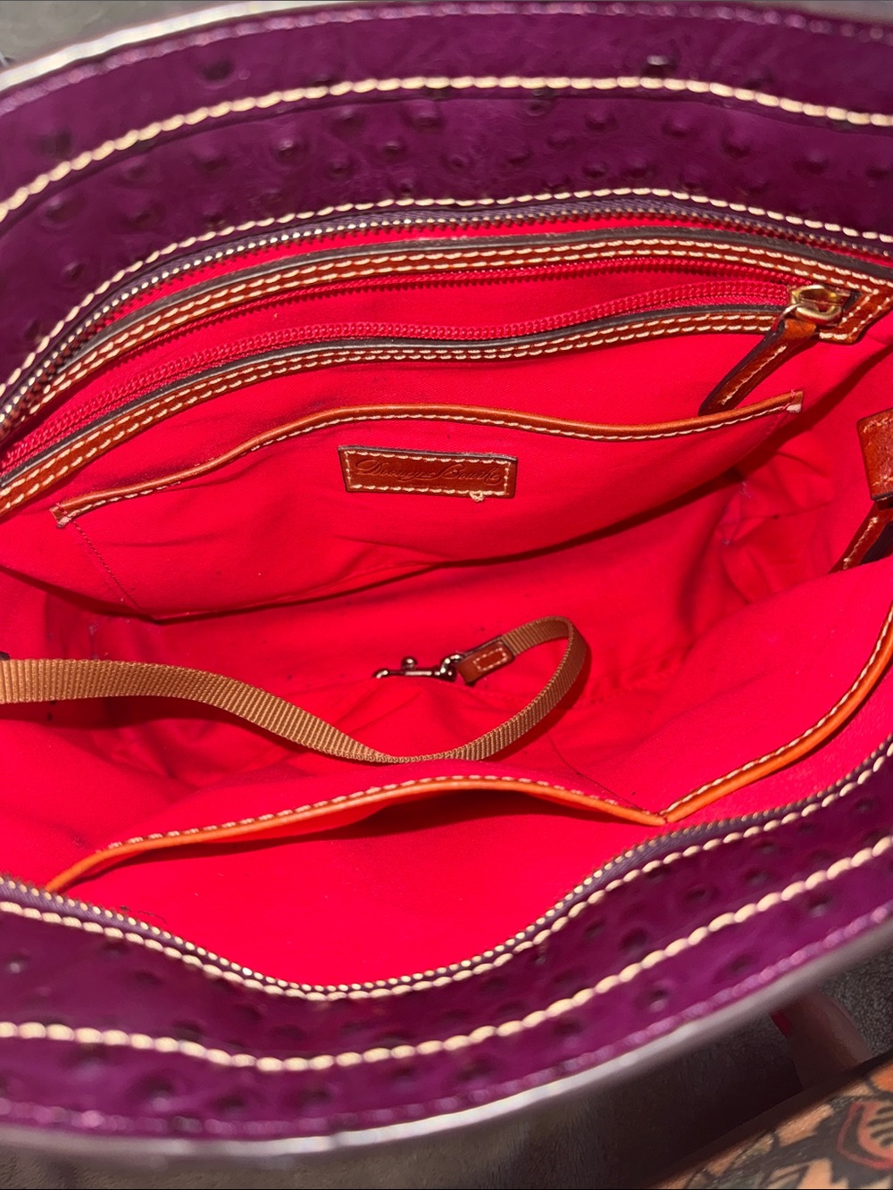 Dooney & Bourke Plum Ostrich-Embossed Tote with Brown Leather Handles - Picture 11 of 16
